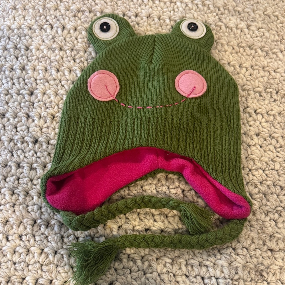 Charming Green Frog Knit Hat with Pink Details